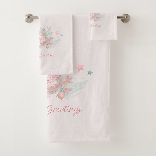 Retro Poinsettias Watercolor Pink and Green Bath Towel Set (Insitu)