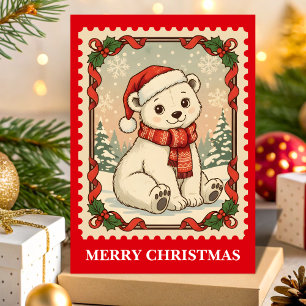 Retro Polar Bear Christmas Postage Stamp Holiday Card