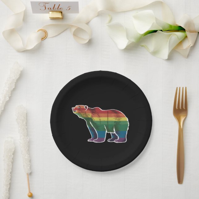 Retro Polar Bear Rainbow Lesbian LGBT Gay Pride Paper Plate (Wedding)