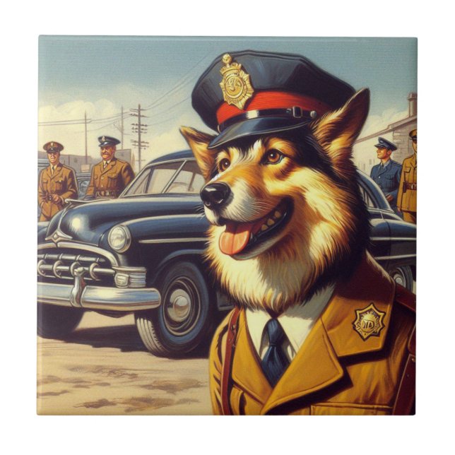 Retro Police Dog Painting Ceramic Tile (Front)