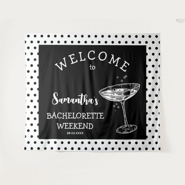 Retro Polka Bachelorette Party Backdrop Cocktail Tapestry (Front (Horizontal))