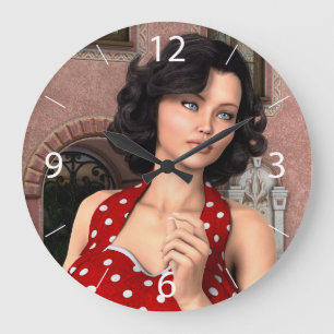 Retro Polka Dot Beauty Illustration Large Clock