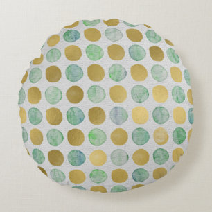 Retro Polka Dot Muted Colours Blue Gold Brown Round Cushion