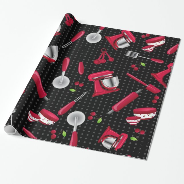 Retro Polka Dot Red Kitchen Gadget Wrapping Paper (Unrolled)