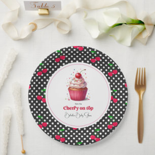 Retro Polka Dot Theme Cherry On Top Baby Shower Paper Plate