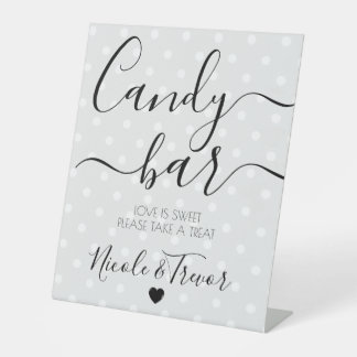 Retro Polkadots Grey Personalise Wedding Candy Bar Pedestal Sign