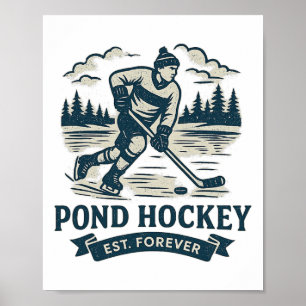 Retro Pond Hockey Player Frozen Lake Winter Poster