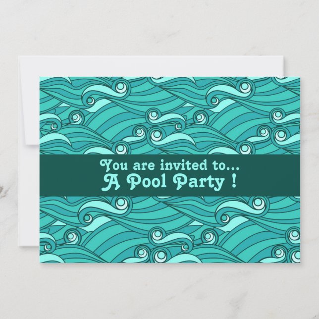Retro pool party aqua waves invitation (Front)