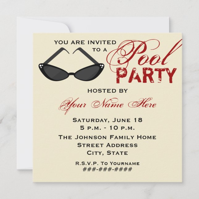 Retro Pool Party Invitation Cat Eye Sunglasses (Front)
