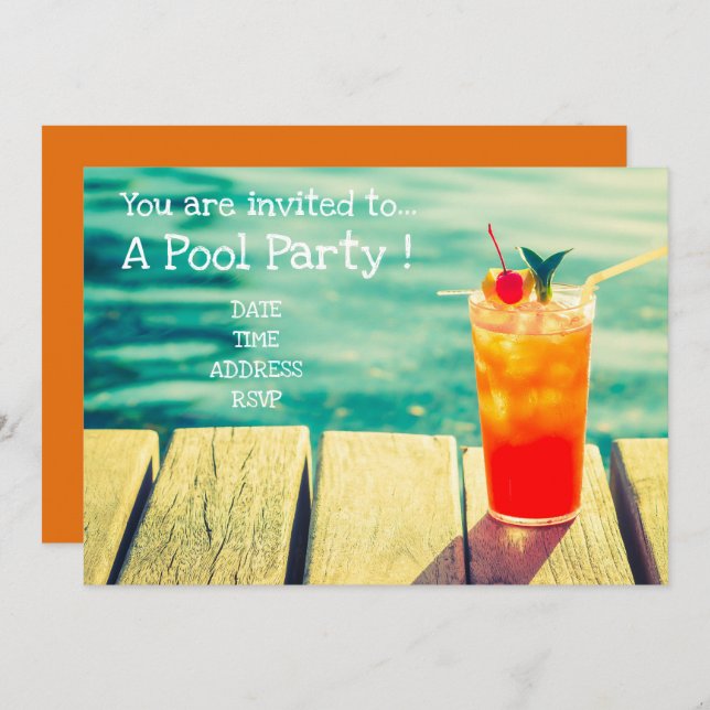 Retro Pool Party Orange cocktail Invitation (Front/Back)