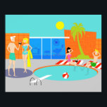 Retro Pool Party Poster<br><div class="desc">Come on in! The water is fine! This Retro Pool Party Poster features a vibrant, cartoon drawing of a fun and sophisticated pool party. The mid century modern design centres around a round swimming pool on a large, grey, concrete patio. The pool is filled with turquoise water. Orange brickwork surrounds...</div>