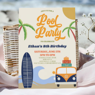 Retro Pool Party Surf Board Birthday Party Invitation
