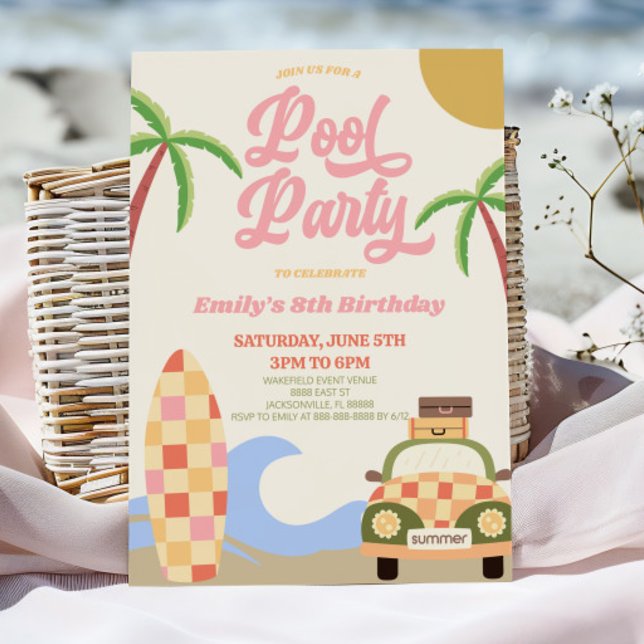 Retro Pool Party Surf Board Pink Birthday Party Invitation (Creator Uploaded)