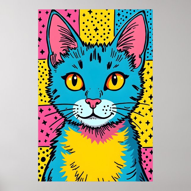 Retro Pop Art 80's Style Blue Cat Poster (Front)