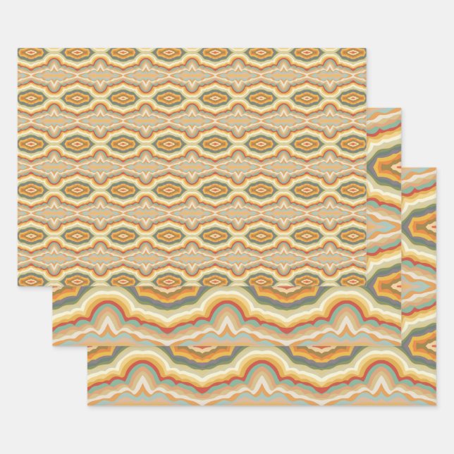 Retro Pop Art Abstract Geometric Wavy Pattern Wrapping Paper Sheet (Set)