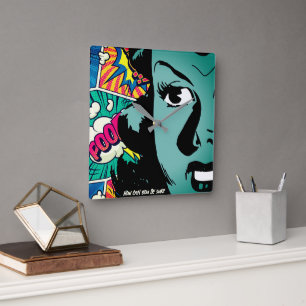 Retro Pop Art Cartoon Girl - Customisable Quote Square Wall Clock