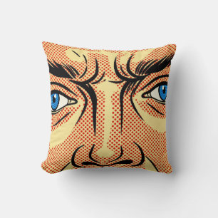Retro Pop Art Comic Face Blue Eyes Red Dot Graphic Cushion