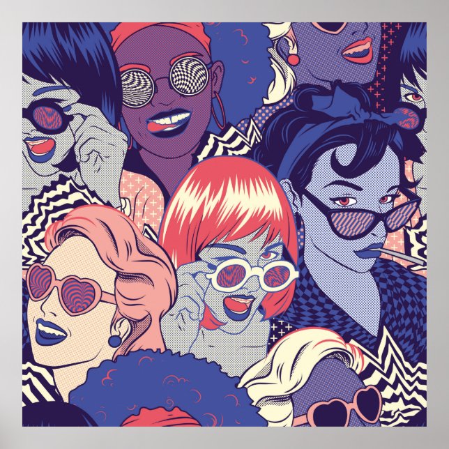 Retro Pop Art Comic Girls Seamless Pattern. Backgr Poster (Front)