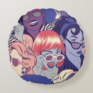 Retro Pop Art Comic Girls Seamless Pattern. Backgr Round Cushion
