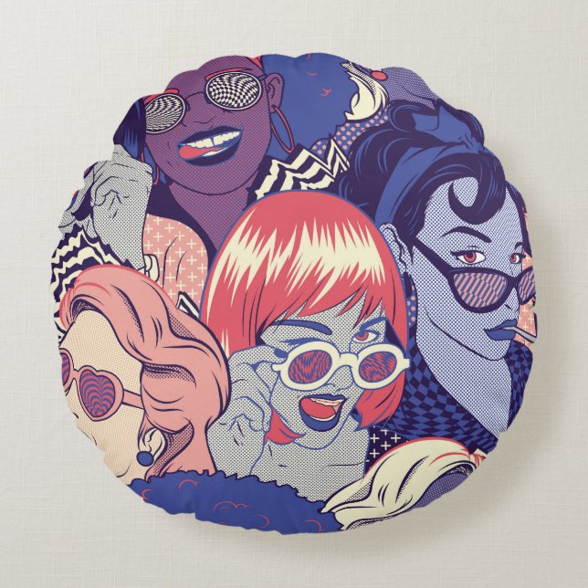 Retro Pop Art Comic Girls Seamless Pattern. Backgr Round Cushion (Front)