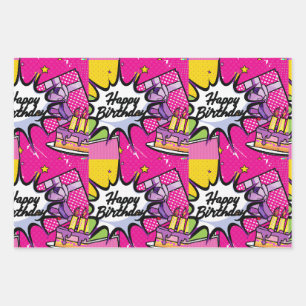 Retro Pop Art - Happy Birthday designed Wrapping Paper Sheet