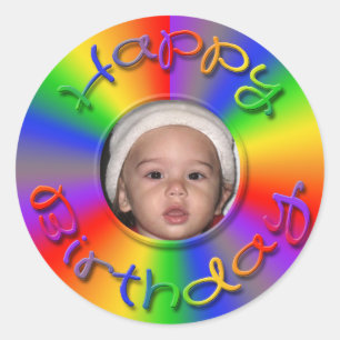 Retro Pop Art Happy Birthday Rainbow Photo Classic Round Sticker