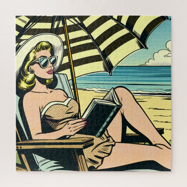Retro Pop Art Lady on the Beach Jigsaw Puzzle (Vertical)