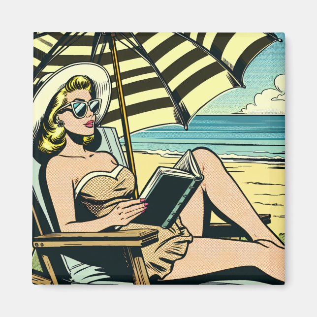 Retro Pop Art Lady on the Beach Magnet (Front)