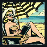 Retro Pop Art Lady on the Beach Poster<br><div class="desc">Black and yellow pop art comic book style ai art depicting a woman reading a book on the beach in sunglasses and wearing a sunhat under an umbrella.</div>