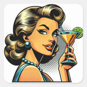 Retro Pop Art Lady with Cocktail   Cheers Square Sticker