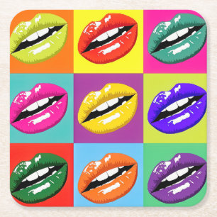 Retro Pop Art Lips design Square Paper Coaster