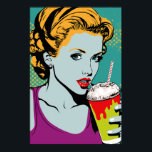 Retro Pop Art Milkshake Girl Poster<br><div class="desc">This features a playful,  retro-inspired design that combines elements of pop art and vintage diner culture. The central image is of a smiling girl holding a tall,  creamy milkshake,  surrounded by bold,  colorful graphics. The overall effect is fun and sure to add a touch of whimsy to any space.</div>
