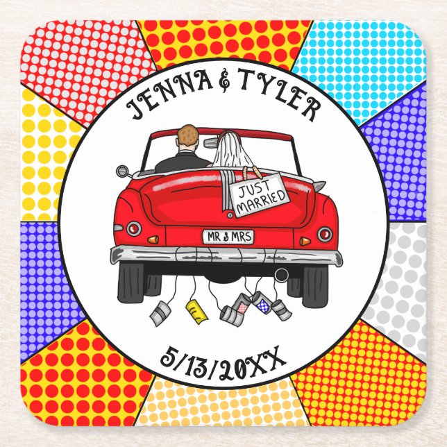  Retro Pop Art Mr & Mrs | Just Got Married Square Paper Coaster (Front)