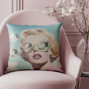Retro Pop Art Pink and Blue Space Woman Cushion