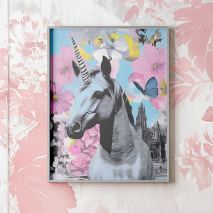 Retro Pop Art Pink and Blue Unicorn Collage Poster