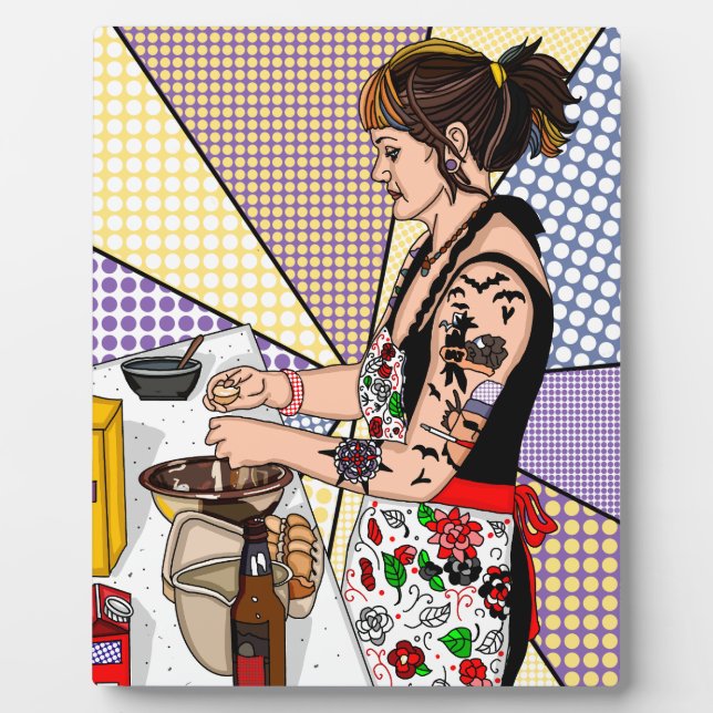 Retro Pop Art Tattoo Lady Baking in Kitchen   Plaque (Front)