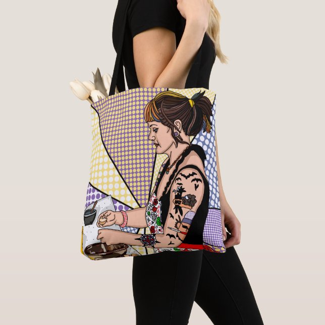 Retro Pop Art Tattoo Lady Baking in Kitchen Tote Bag (Close Up)