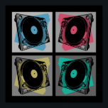 Retro Pop Art Turntables Poster<br><div class="desc">There was a day when vinyl albums were the only way you could listen to your music, one side at a time. The turntable and vinyl records are making a resurgence these days. Four squares, in light to medium shades of grey, provide the background for the Retro Pop Art Turntables...</div>