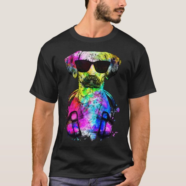 Retro Pop Black Mouth Cur Dog Portrait with Headph T-Shirt (Front)
