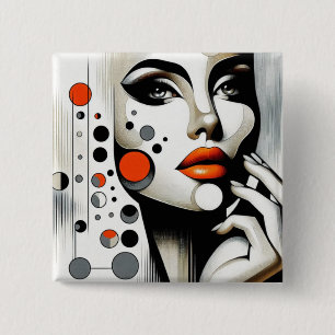 Retro Pop Diva: Geometric Elegance Abstract Art  15 Cm Square Badge