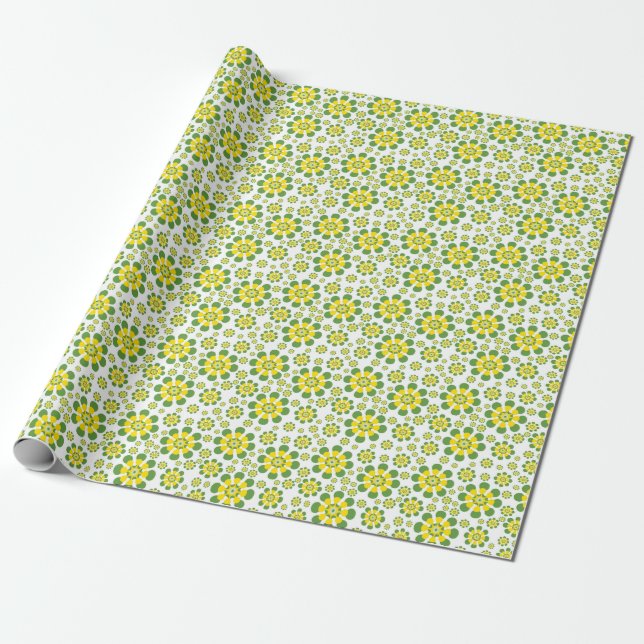 Retro Pop Flowers in yellow and green Wrapping Paper (Unrolled)