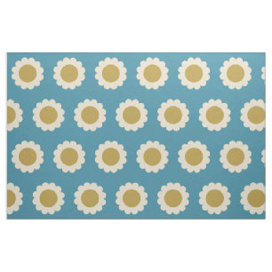 Retro Pop Flowers Pattern Turquoise and Gold Fabric