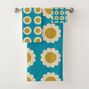 Retro Pop Flowers Pattern Turquoise Gold Bath Towel Set