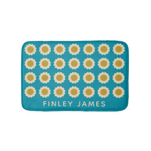 Retro Pop Flowers Pattern Turquoise Personalised Bath Mat