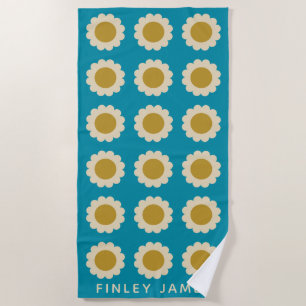 Retro Pop Flowers Pattern Turquoise Personalised Beach Towel
