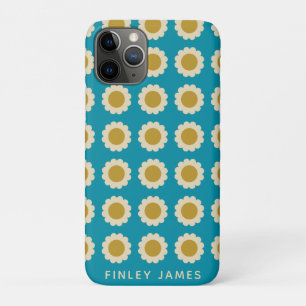 Retro Pop Flowers Pattern Turquoise Personalised iPhone 11 Pro Case