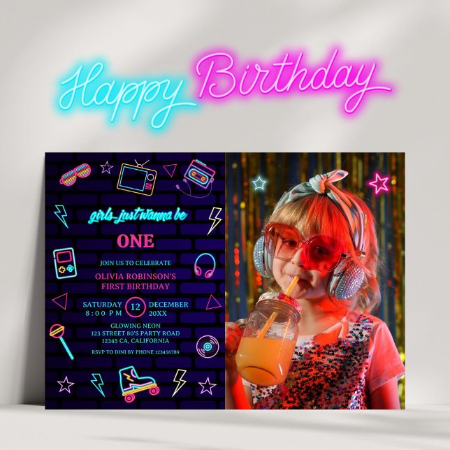 Retro Pop Neon Kids’ Photo Birthday Bash Invitation (Creator Uploaded)