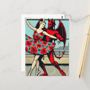 Retro PopArt Devil With ballerina in a Poppy Dress Postcard