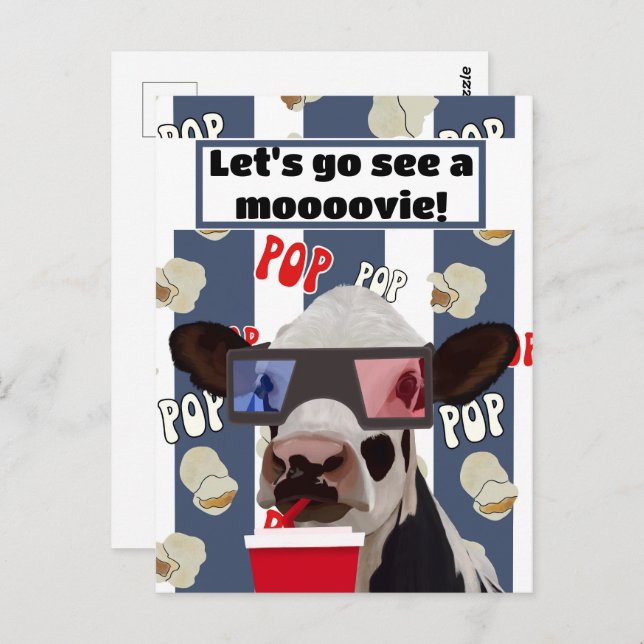 Retro Popcorn Loving Cow Movie Invite Postcard  (Front/Back)