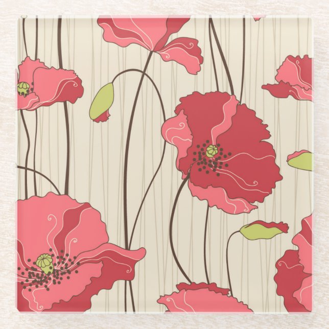 Retro Poppies Pattern Glass Coaster (Front)